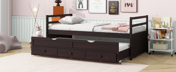 English Elm Twin Twin Size Bed with Trundle and Three Storage Drawers, Space-Saving Pine Frame with Classic Headboard Espresso W504P197165