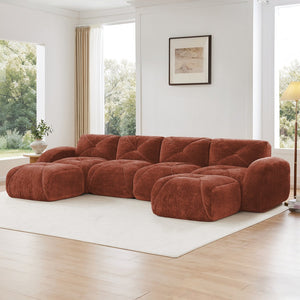 English Elm U-shaped Modular Velvet Sofa Tufted Cushions High Density Foam Living Room Sectional Red+Brown W714S01611