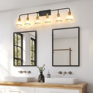 English Elm 48" Modern 6-Light Vanity Wall Sconce Black & Gold Iron Glass Fixture for Bathroom Mirror Lighting W2312P374983