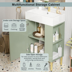 English Elm 21.6" Green Bathroom Vanity with Ceramic Sink, Right Side Storage, Gold Legs, Soft-Close Hinges, Modern Design SV000006AAF