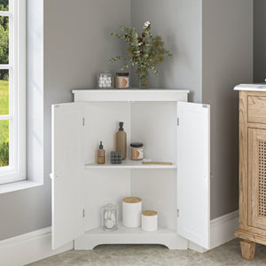 English Elm Floor Corner Cabinet with Beadboard Doors & Adjustable Shelf, Narrow Freestanding White Storage for Bath, Kitchen, Living Room, Bedroom W808P175911
