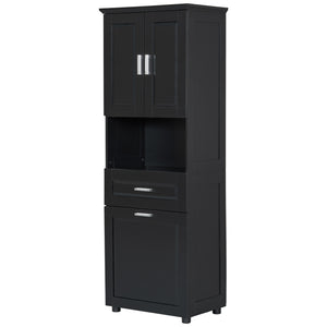English Elm Tall Bathroom Cabinet with Tilt-Out Laundry Hamper, Adjustable Shelves, Anti-Tip Design & Large Storage Black WF323481AAB