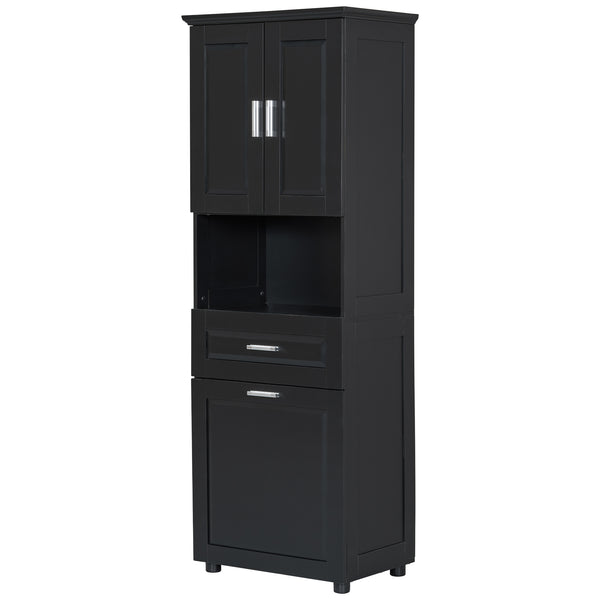 English Elm Tall Bathroom Cabinet with Tilt-Out Laundry Hamper, Adjustable Shelves, Anti-Tip Design & Large Storage Black WF323481AAB