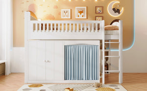 English Elm Twin Loft Bed with Wardrobe Cabinet Led Lighting and Pine Frame for Kids Rooms White N7090002235K