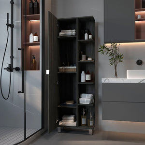 English Elm Smokey Linen Cabinet with 5 Open Shelves & Concealed Storage, 62" Tall Smokey Oak Bathroom Organizer B06280252