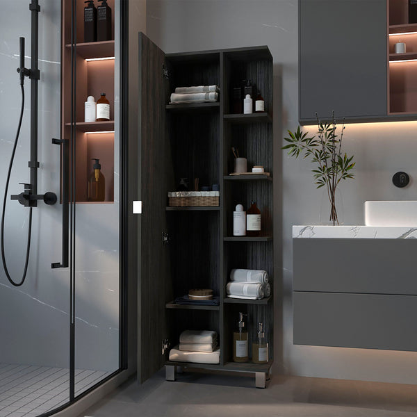 English Elm Smokey Linen Cabinet with 5 Open Shelves & Concealed Storage, 62" Tall Smokey Oak Bathroom Organizer B06280252