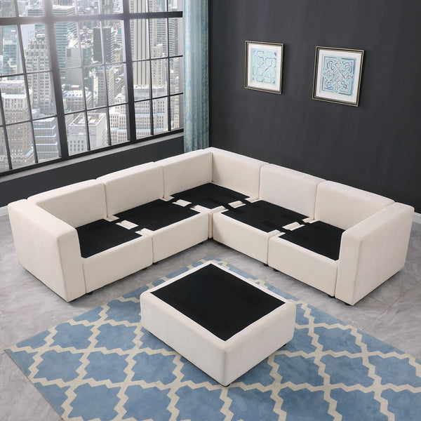 English Elm Modular 6-Seat Sectional Sofa With Reversible Chaise & Ottomans – Versatile Beige Couch For Living Rooms W1123S00045