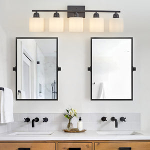 English Elm Black 5-Light Modern Vanity Light Fixture For Bathroom, Stylish Wall Sconces With Frosted Glass Shades W2312P374847
