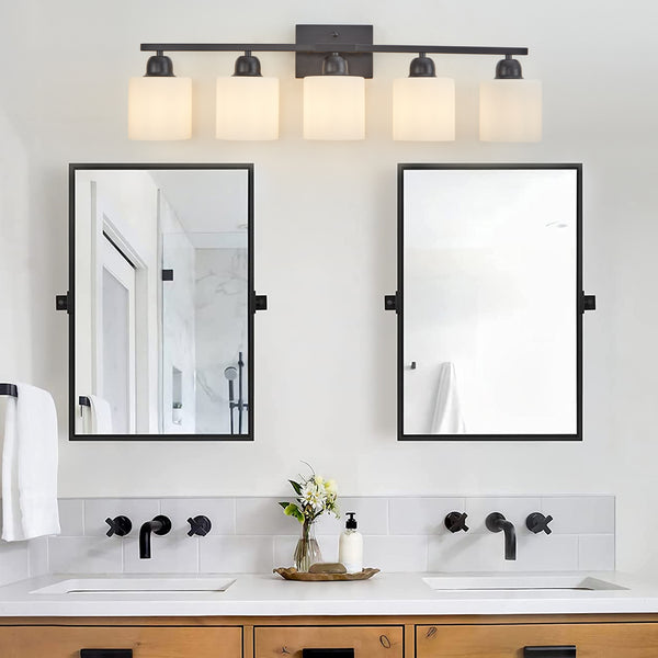 English Elm Black 5-Light Modern Vanity Light Fixture For Bathroom, Stylish Wall Sconces With Frosted Glass Shades W2312P374847