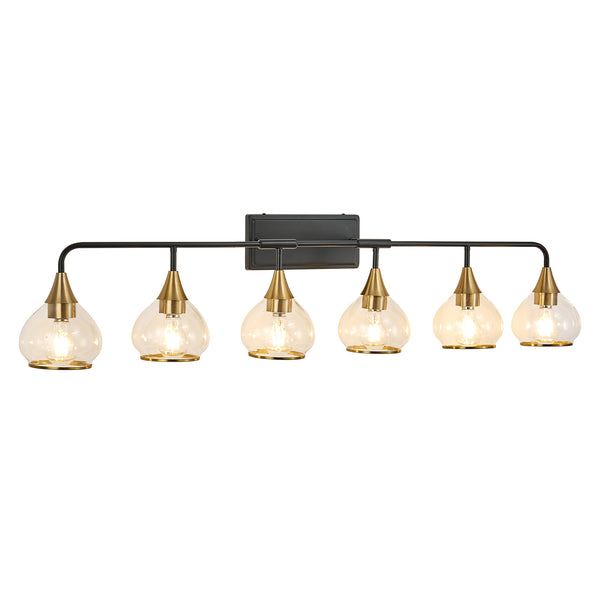 English Elm 48" Modern 6-Light Vanity Wall Sconce Black & Gold Iron Glass Fixture for Bathroom Mirror Lighting W2312P374983