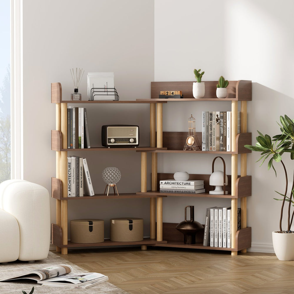 English Elm 4 Tier Retractable Rotatable Corner Bookcase – Walnut Wooden 4-Shelf Space-Saving Rack, Durable MDF & Solid Wood W1801P195686