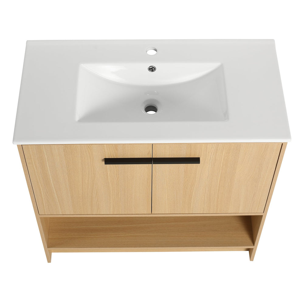 English Elm 36" Modern Bathroom Vanity With Ceramic Sink, Soft Closing Doors & Open Shelf For Stylish Storage W1972S00019