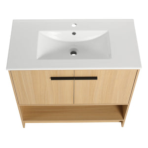 English Elm 36" Modern Bathroom Vanity With Ceramic Sink, Soft Closing Doors & Open Shelf For Stylish Storage W1972S00019