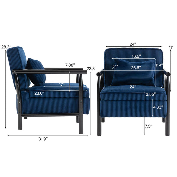 English Elm Storage Accent Chair Mid Century Wood Frame Upholstered Seat with Lumbar Cushion Antique Blue W2530P401447