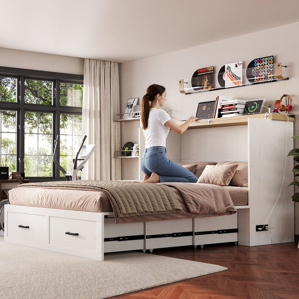 English Elm Queen Murphy Cabinet Bed Rustic Grey Farmhouse Style with Charging Station Storage W5271S00002