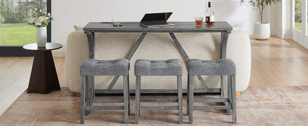 English Elm 59 Inch Bar Table Set with Power Outlet Rubberwood Frame and 3 Linen Stools Grey W2972P385254