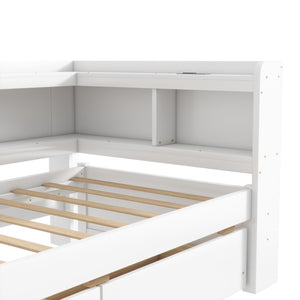 English Elm Twin L-Shaped Bookcase Bed With Usb Charging, Two Drawers & Modern White Finish For Smart Storage W504S00244-GIGA