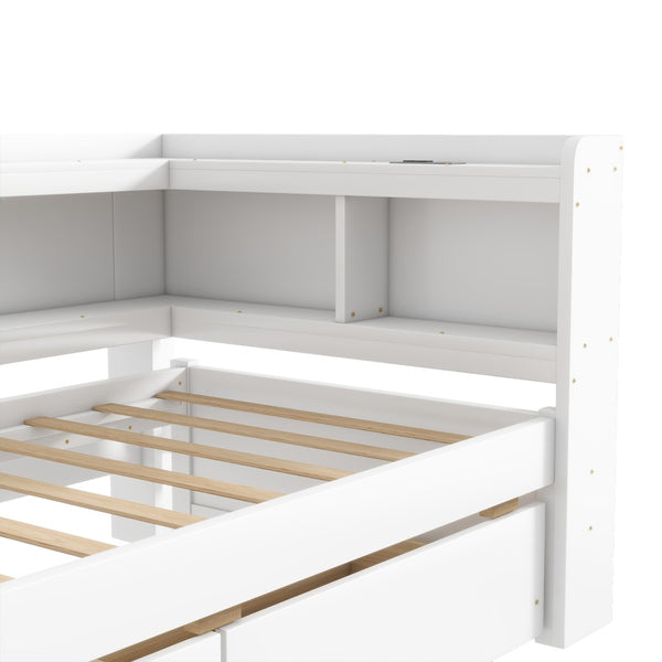 English Elm Twin L-Shaped Bookcase Bed With Usb Charging, Two Drawers & Modern White Finish For Smart Storage W504S00244-GIGA