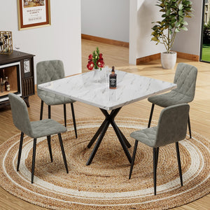 English Elm Square MDF Dining Set for 4 with Faux Marble Top, Mid-Century Modern Iron Legs, Easy-Clean Surface White+gray W578S00023