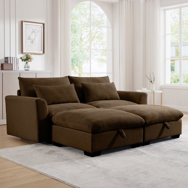 English Elm Corduroy Two-Seater Sofa With Storage Footrests - Versatile Modular Sectional For Modern Living W714S00658