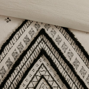 English Elm Full/Queen Marta 3-Piece Cotton Flax Duvet Cover Set with Black Diamond Print & Chenille Trim, Boho Chic B03596485