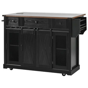 English Elm K&K 58" Farmhouse Kitchen Island with Sliding Barn Door, Drop Leaf, Glass Rack, Locking Wheels, Power Black N707P349811B