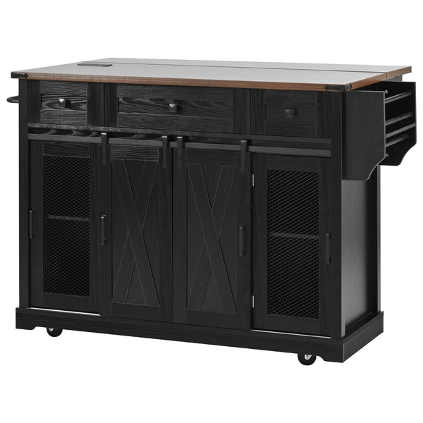 English Elm K&K 58" Farmhouse Kitchen Island with Sliding Barn Door, Drop Leaf, Glass Rack, Locking Wheels, Power Black N707P349811B