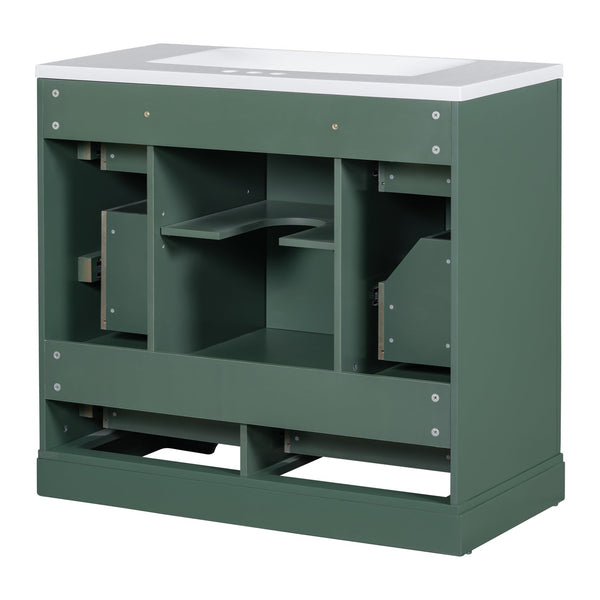 English Elm 36" Modern Bathroom Vanity with Ceramic Sink, Six Drawers, Adjustable Shelf, Solid Wood Build Green SY999808AAF-6
