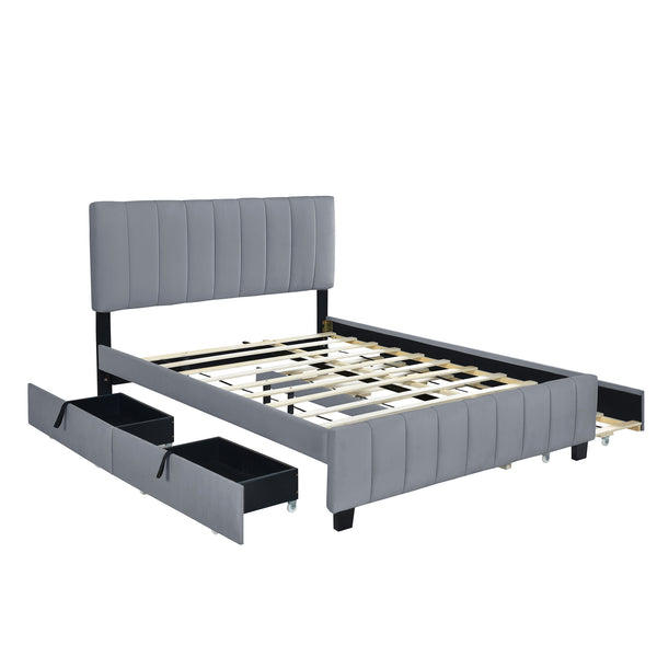 English Elm Queen Tufted Velvet Platform Bed with Storage Drawers and Pull Out Trundle Gray LP000714AAE-1