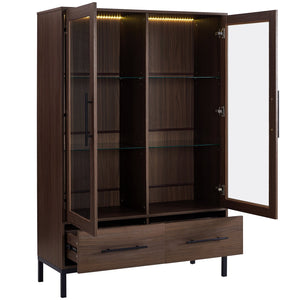 English Elm 60'' Tall Display Cabinet with LED Lighting, Tempered Glass Doors, 4 Adjustable Shelves & Drawers Black + Dark Walnut N845P261801D