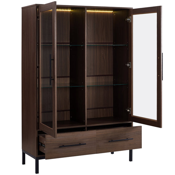 English Elm 60'' Tall Display Cabinet with LED Lighting, Tempered Glass Doors, 4 Adjustable Shelves & Drawers Black + Dark Walnut N845P261801D