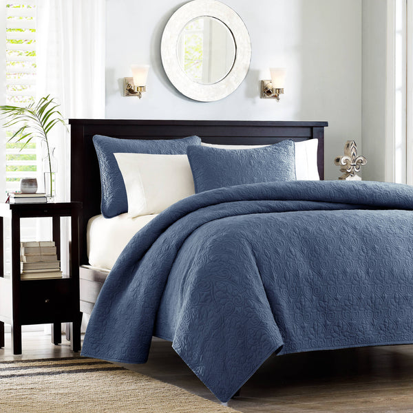 JLA Home Madison Park - 3 Reversible Quilt Set with Textured Stitching, Prewashed Cotton Fill, Antimicrobial, Year-Round Comfort Navy MP13-4972