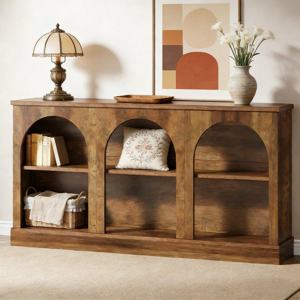English Elm Practical Geometric Console Table with Matte Black Wood Grain Finish for Entryway or Sofa T3971P451570