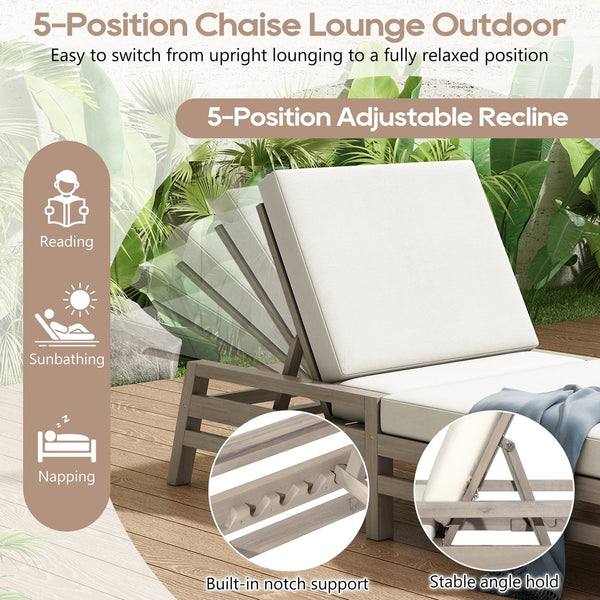 English Elm Trexm Solid Acacia Wood Outdoor Reclining Lounge Chair Set of 2 with Cushions Gray TM000033AAE