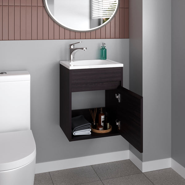 English Elm Furman Compact Floating Bathroom Vanity with Single Door & Open Shelf, Black MDF, Space-Saving Design B200P335305