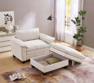 English Elm 51" Oversize Chaise Lounge Chair with Ottoman and Hidden Storage Upholstered in Soft Chenille Comfort Beige W1097S00152