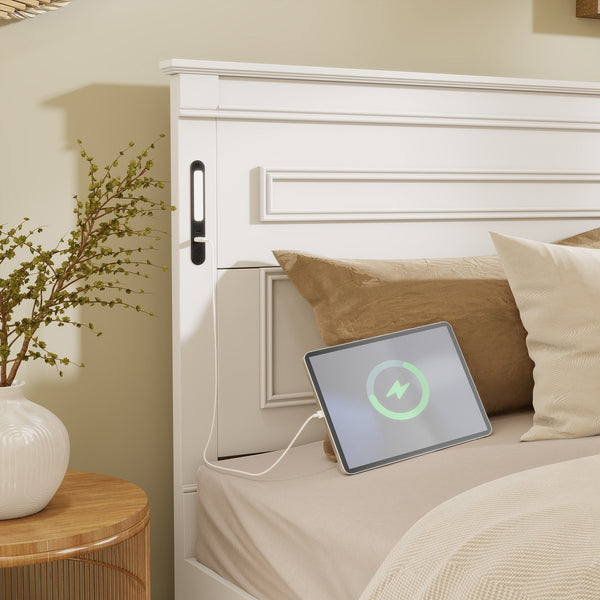 English Elm King Pine Wood Storage Bed with Led Lighting Usb Charging Tall Panel Headboard White W504S00269