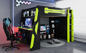 English Elm Full Size Wood Loft Bed with Rgb Lighting Desk Storage and Gaming Console Shelf Green LT000260AAG