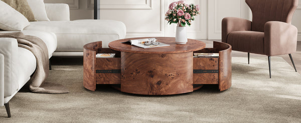 English Elm Burl Veneer Round Coffee Table Swivel Top Two Drawers Walnut Living Room N735P387206D