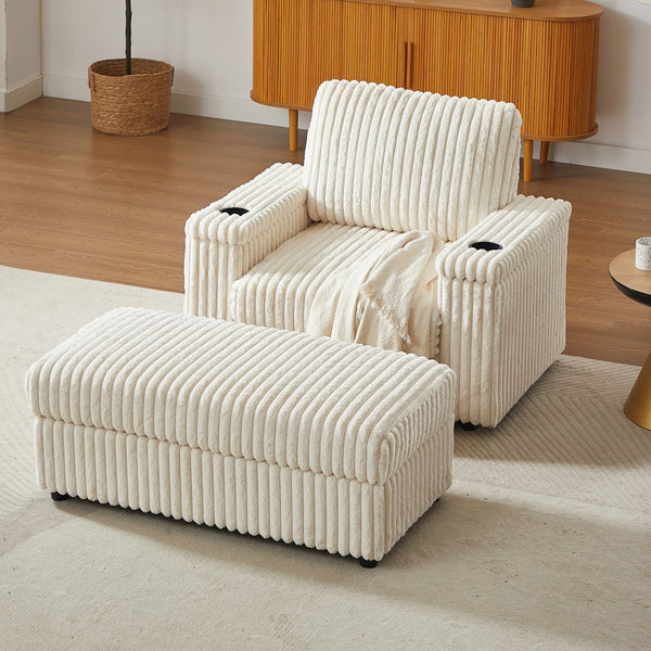 English Elm 42.5-inch corduroy single recliner with cup holder, storage ottoman, plush back pillow for lounging Beige W834P375116