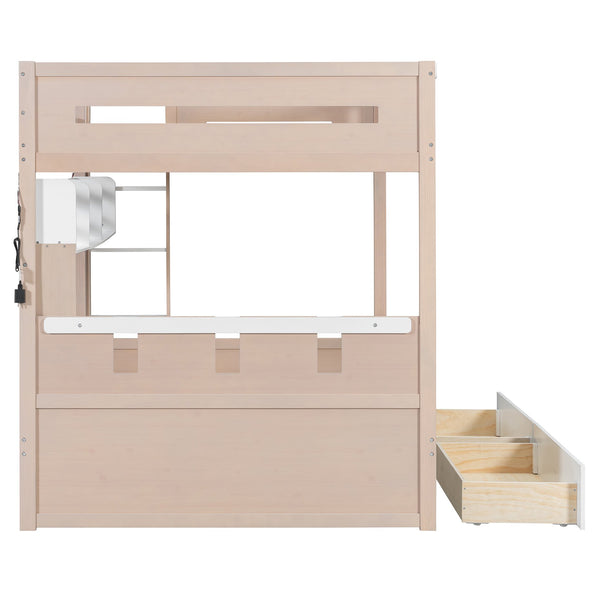 English Elm Full Size Castle Bunk Bed with Led Lighting Built in Shelf and Storage Drawers White LT000159AAK