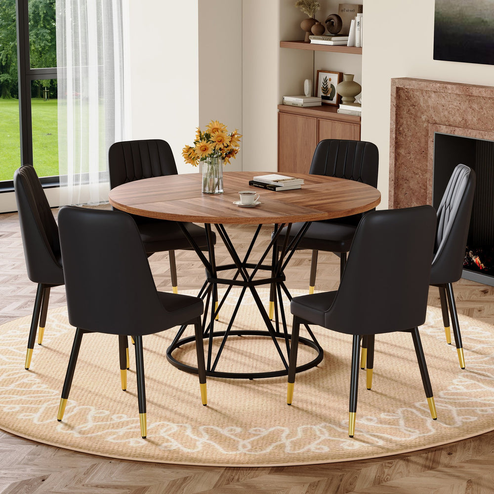 English Elm Table and Chair Set Round Walnut Mdf Dining with Six Two-tone Pu Seats Gold Legs Walnut+Black W1151S04838