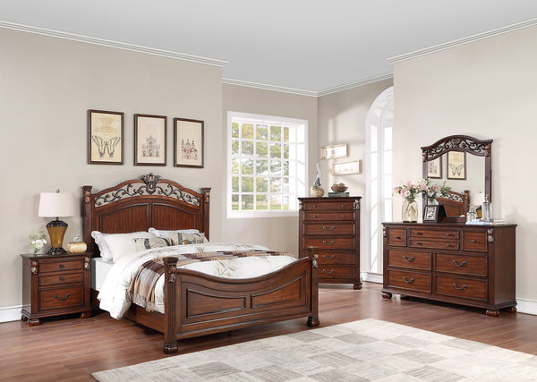 English Elm Formal Traditional California King Bed - Dark Cherry Finish With Tufted Faux Leather Headboard B011S00957