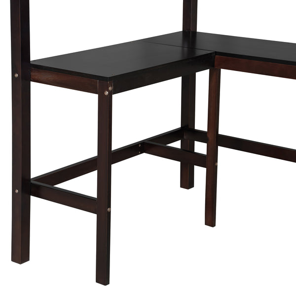 English Elm Twin Loft Bed with Built-in Desk and Open Shelves Solid Pine Kids Study Sleep Espresso LT001537AAP-1