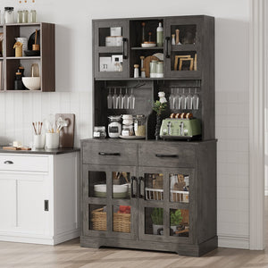 English Elm Pantry Hutch with Fluted Mdf Panels Charging Station Pegboard and Open Shelving T3773P416041