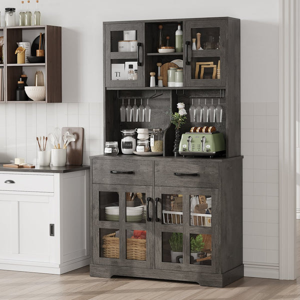 English Elm Pantry Hutch with Fluted Mdf Panels Charging Station Pegboard and Open Shelving T3773P416041