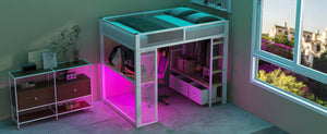 English Elm Full Metal Gaming Loft Bed with LED Lighting, Built-In Desk, Open Wardrobe and 3 Drawers for Space-Saving Comfort White GX001133AAK