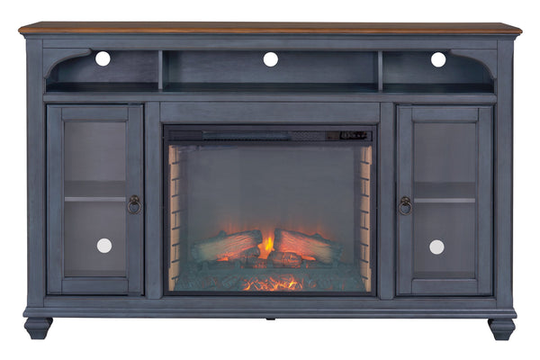 English Elm 66 Corduroy Blue Fireplace TV Stand for TVs up to 80" — Rustic Coastal 66" Console w/ Electric Fireplace, Remote, Storage and Cable Management B108P193071