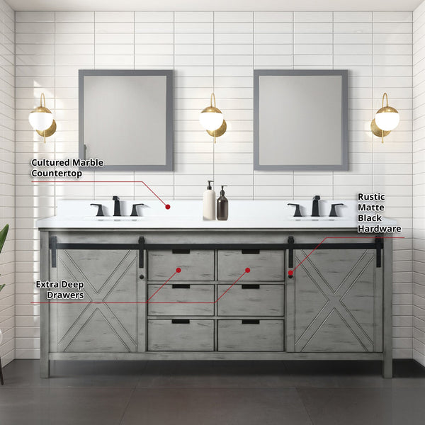 English Elm Ash Grey Double Bath Vanity 80" W x 22" D with Cultured Marble Top, Matte Black Faucets & 30" Mirrors B2731S01121