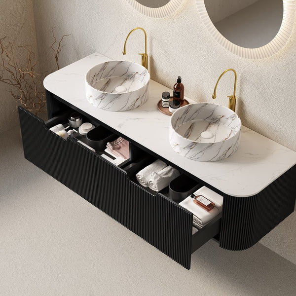 English Elm Dina 60" Wall-Mounted Bathroom Vanity With Dual Ceramic Basins, Storage Drawers & Sleek Design W2615S00506